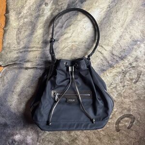 MZ Wallace Rome Bedford nylon bucket bag in black with brown leather trim